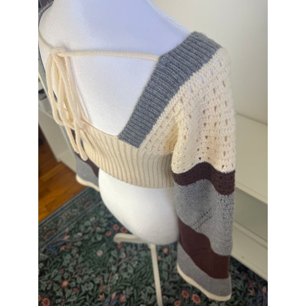 Womens Square Neck Long Bell Sleeve Color Block Sweater Crochet Knit Crop Top - Picture 6 of 8
